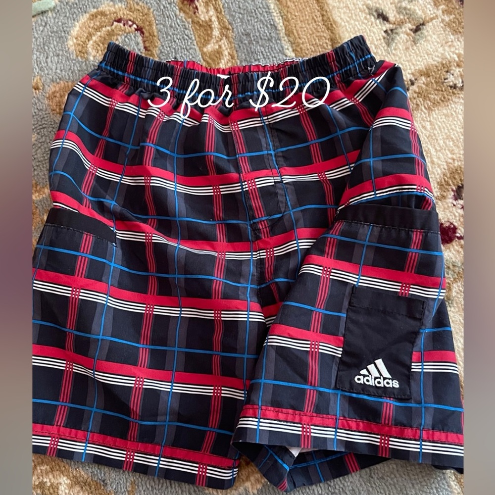Adidas red white blue unlined boys  swim trunks 4T 3itemsfor$20